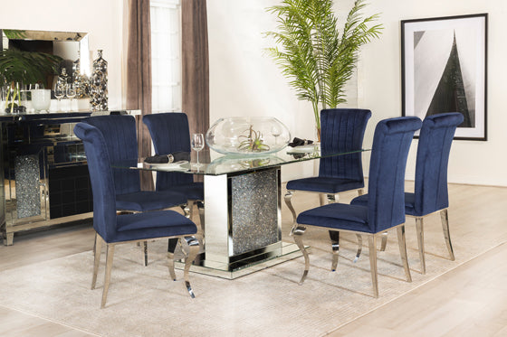Marilyn 5-Piece Rectangle Pedestal Dining Room Set Mirror & Navy Chairs