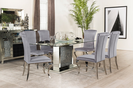Marilyn 5-Piece Rectangle Pedestal Dining Room Set Mirror & Grey Chairs