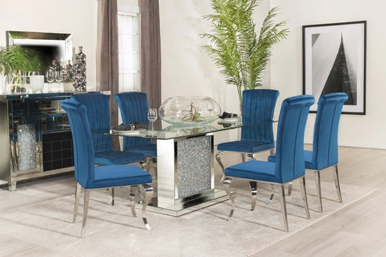 Marilyn 5-Piece Rectangle Pedestal Dining Room Set Mirror & Light Blue Chairs