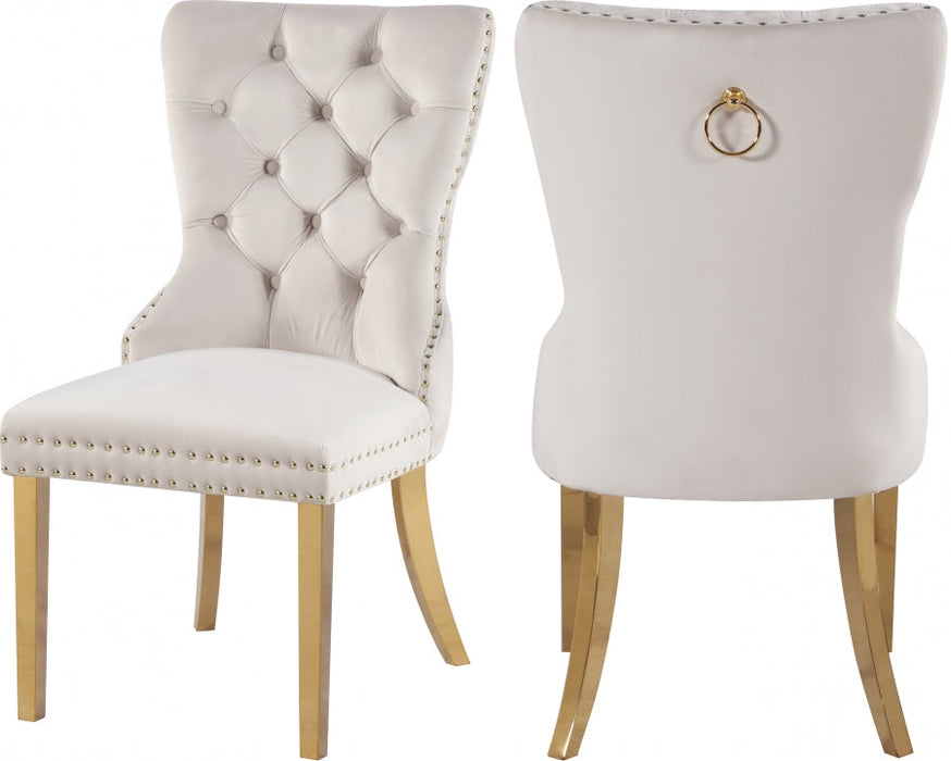 Carmen velvet dining chairs with gold accents