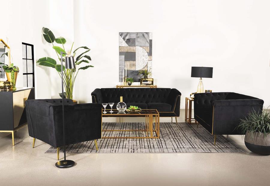 3pc Black & Gold Velvet Sofa Set