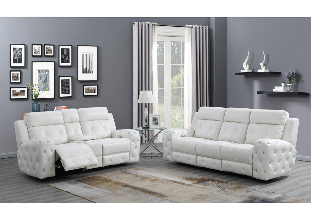 Glam White Leather Power Reclining Sofa Set