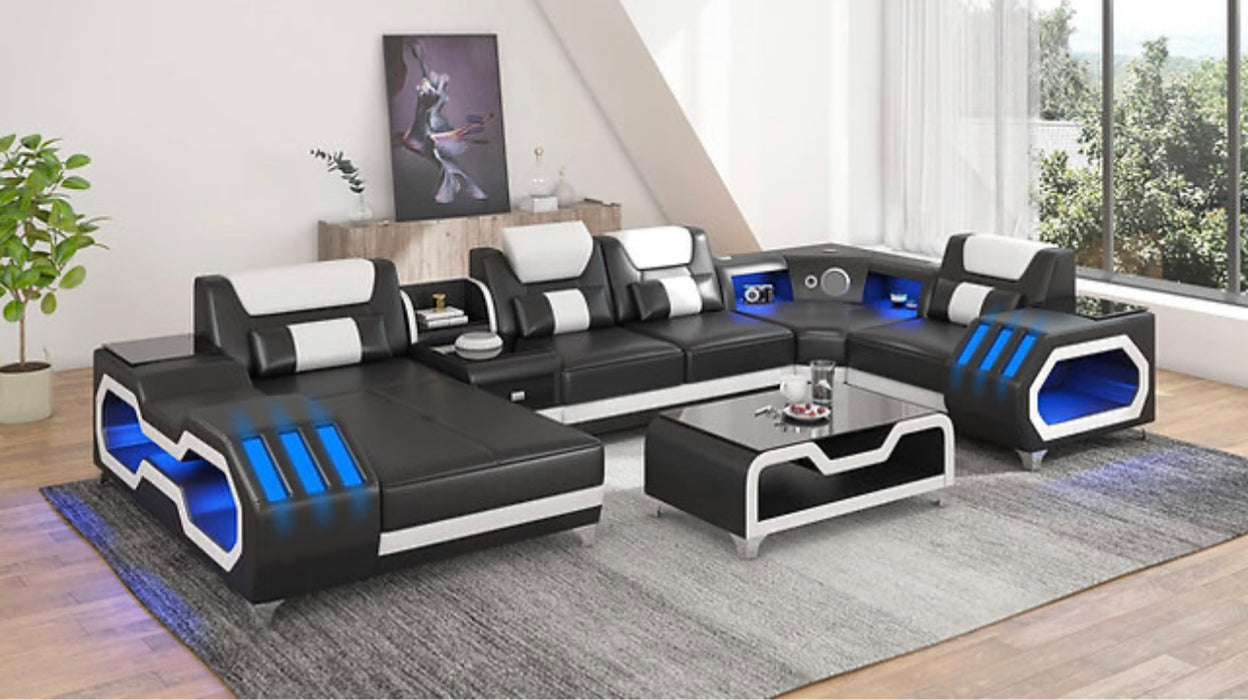Black & Blue Leather Entertainment Sectional