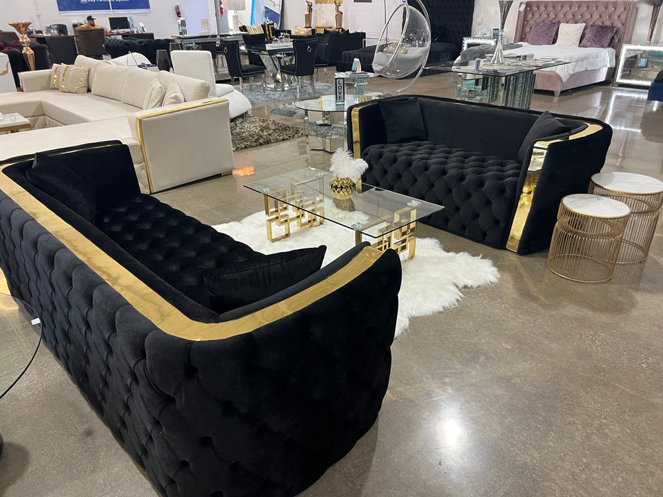 Rolex Black & Gold Tufted Sofa Set