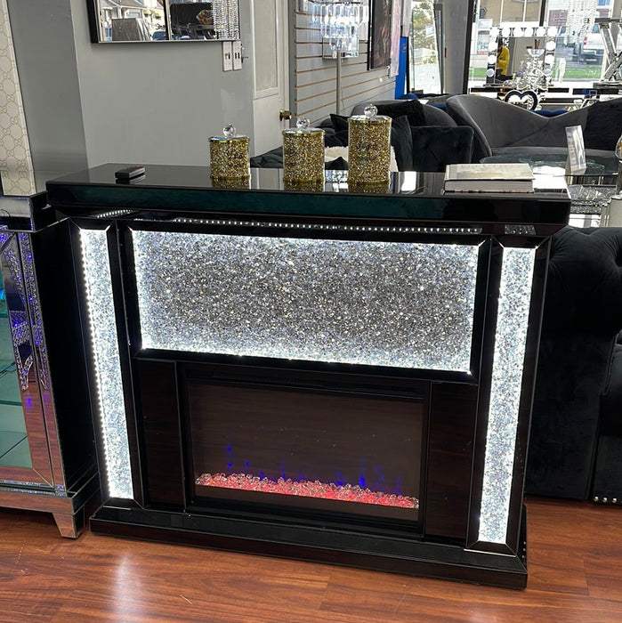 Black Mirrored Glam Fireplace w/LED Lighting