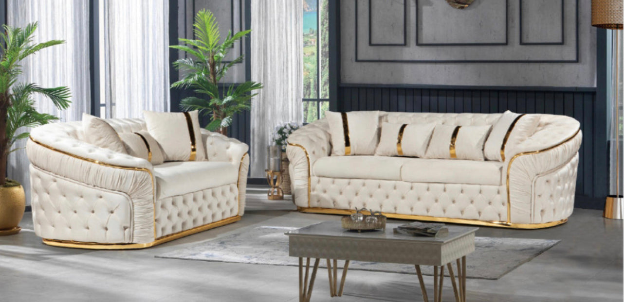 King Cream & Gold Tufted Sofa Set