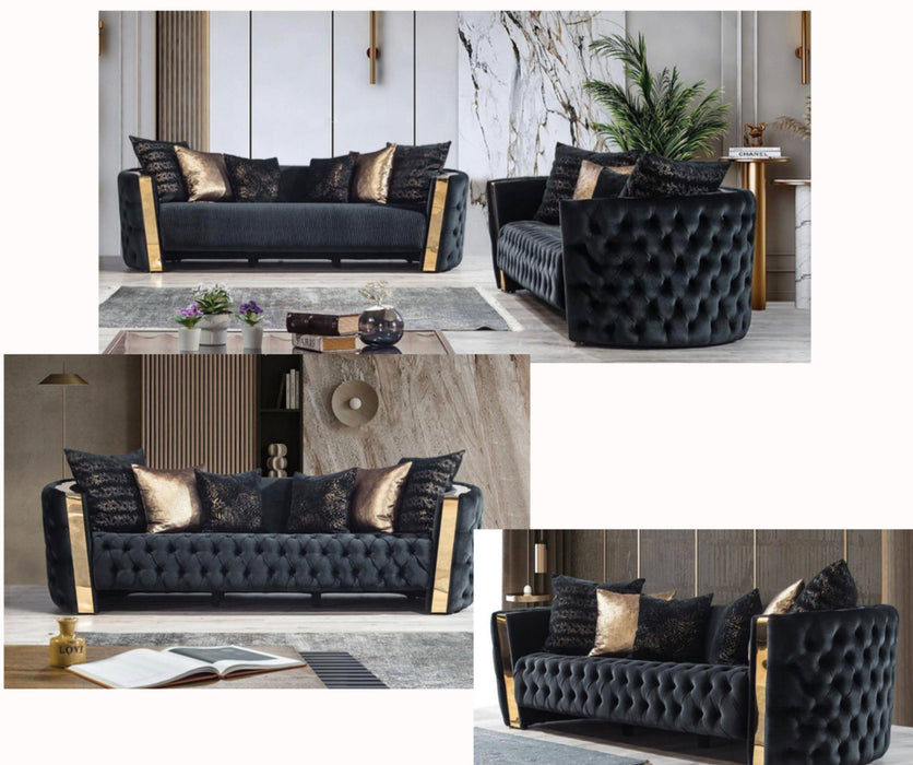 Rolex Black & Gold Tufted Sofa Set