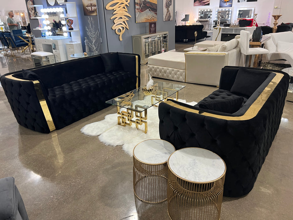 Rolex Black & Gold Tufted Sofa Set