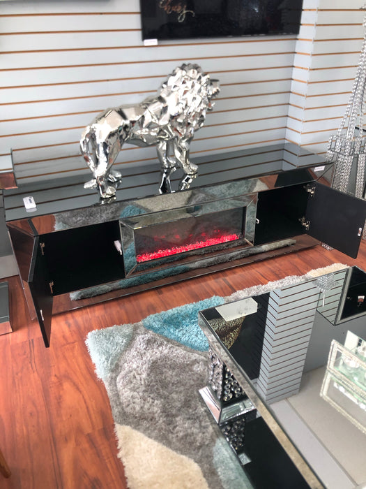 Glam Smoke Mirrored Fireplace Tv Stand