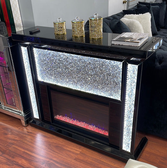 Black Mirrored Glam Fireplace w/LED Lighting